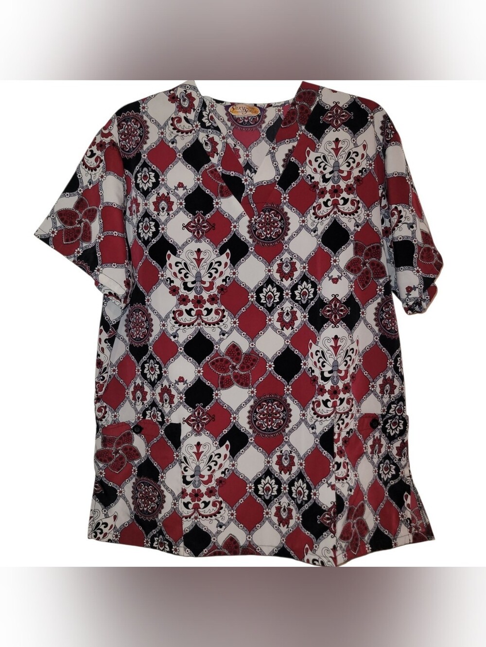 Silky Scrubs Short Slv Medical Top w Pockets Women Medium Maroon White Geometric